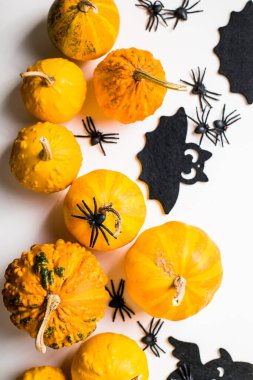 Pastel beyaz arka planda cadılar bayramı dekorasyonu çerçevesi. Turuncu balkabakları, ürkütücü örümcekler, yarasalar, böcekler yatıyordu. Kopyalama alanı olan üst görünüm. Tatil tebrik kartı modeli..