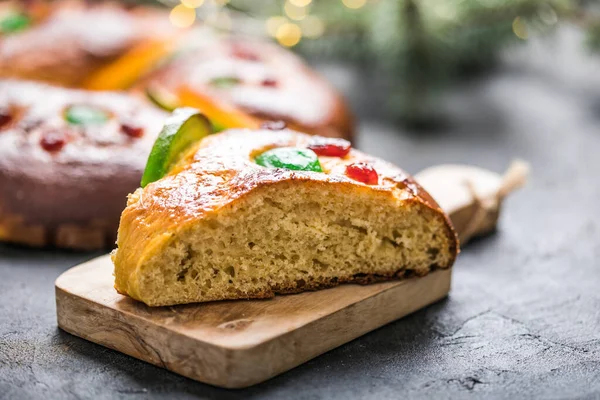 Rosca Reyes Spanish Three Kings Cake Eaten Epiphany Day Gray — Stock Photo, Image