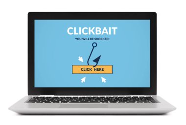 Clickbait konsept dizüstü bilgisayar ekranında. Beyaz arka plan üzerinde izole. Tüm ekran içerik bana tarafından tasarlanmıştır.