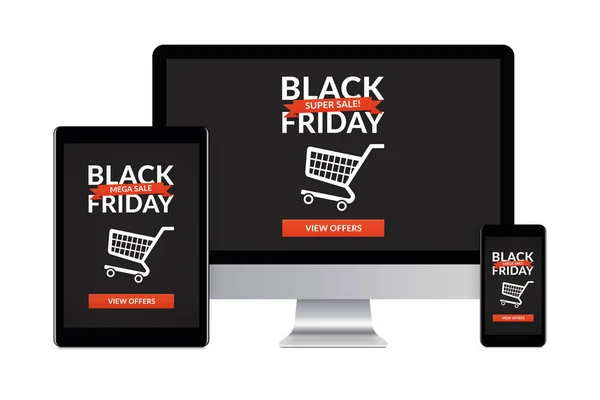 Desktop Computer Tablet Smartphone Isolated White Black Friday Concept Screen — Stock Photo, Image