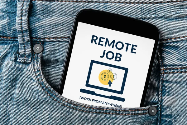Remote job concept on smartphone screen in jeans pocket. All screen content is designed by me. Flat lay
