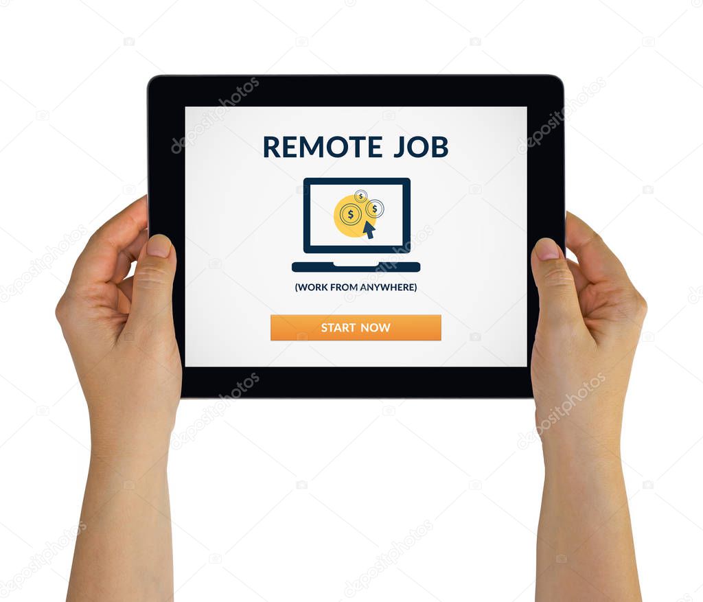 Hands holding tablet with remote job concept on screen