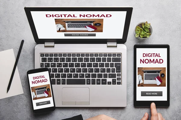 Digital nomad concept on laptop, tablet and smartphone screen