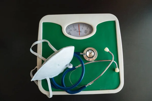 Weight Scale Stethoscope Medical Mask Black Table — Stock Photo, Image