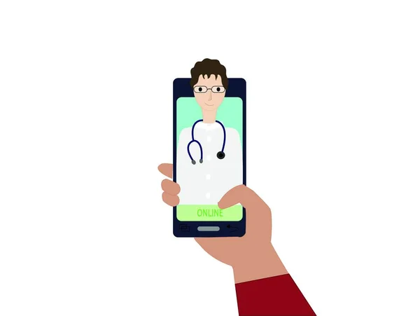 Hand holding a phone with the doctor on the line. Illustration of the concept of telemedicine and flat telehealth Hand with smartphone and doctor on the screen.