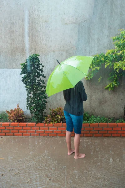 雨の中傘を差して背中に女性 — ストック写真