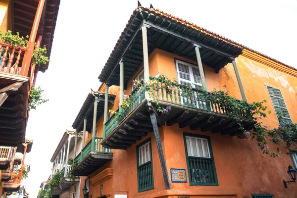 Canto Rua Cartagena Colômbia Onde Convergem Antigas Varandas Coloniais — Fotografia de Stock