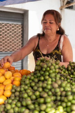 Sokak pazarından meyve toplayan bir kadın sağlıklı gıda seçeneklerine odaklanıyor.