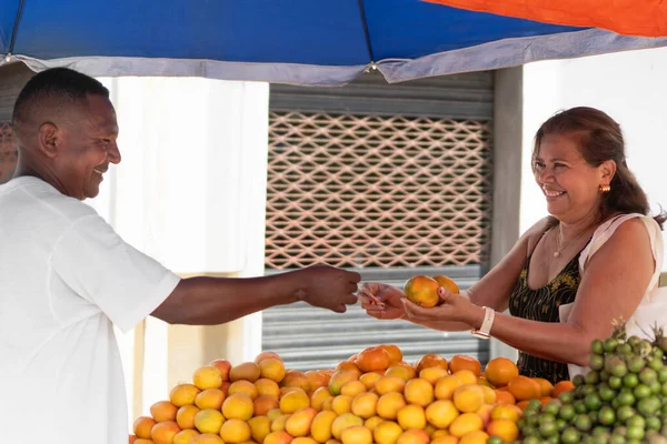 Gülümseyen satıcı açık hava meyve standında müşteriye portakal satıyor.