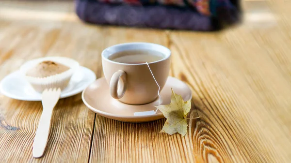 Chá Outono Cores Quentes Com Blusas Malha Atrás Tela Larga — Fotografia de Stock