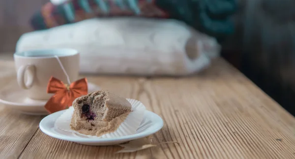 Małe Szczęście Koncepcja Smutny Obraz Herbata Ciasto — Zdjęcie stockowe