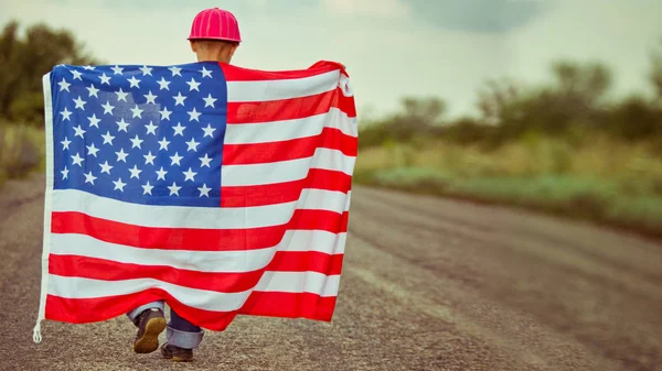 Little Boy Waving American Flag Walking Road — Stock Photo, Image