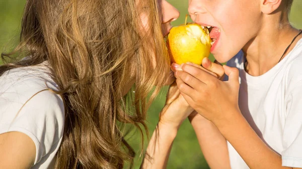 Familjen Äter Hälsosam Matkoncept Mor Och Son Att Roligt Utomhus — Stockfoto