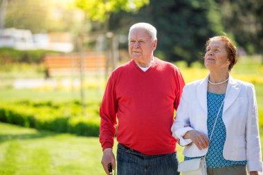 Mutlu son sınıf sdults yürüyüş, yaz aylarında oturan, bahar parkı iyi hava zevk