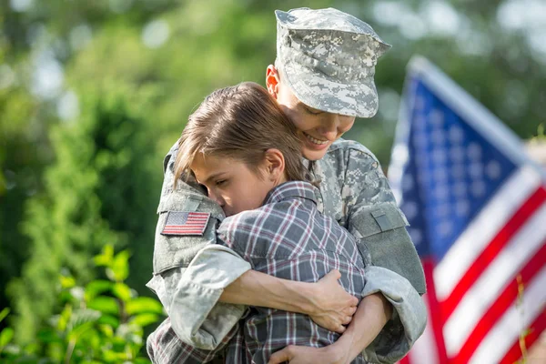 Happy Reunion Female Mother Soldier Family Son Outdoors — Stock Photo, Image