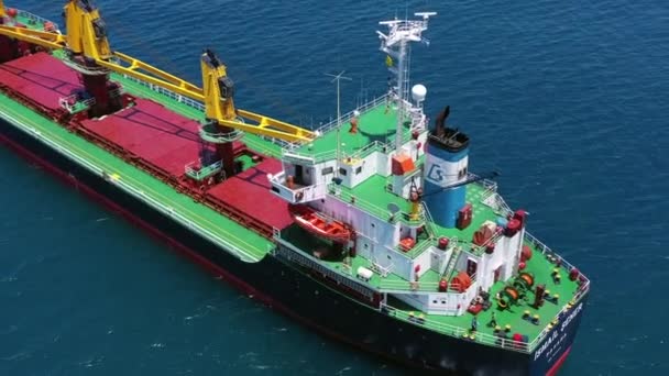 Mediterranean Sea June 2020 Large Cargo Ship Four Yellow Cranes — 图库视频影像