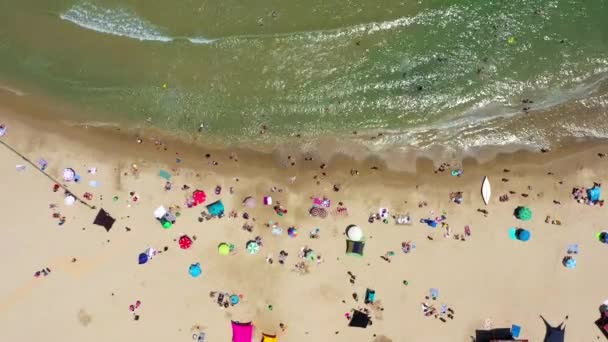 仲夏公众泳滩，带着五颜六色的雨伞，人们在水里，在沙滩上. — 图库视频影像