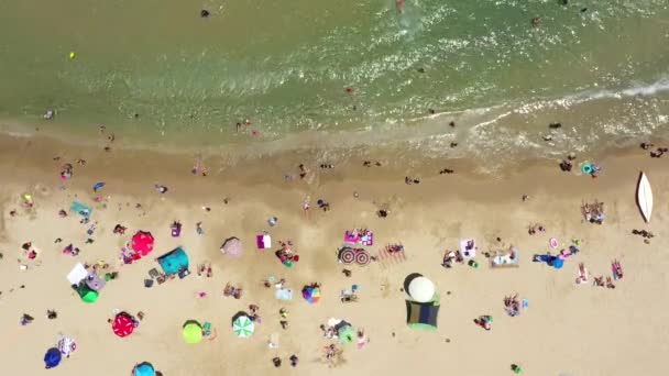 Veřejná pláž v polovině léta s barevnými deštníky, lidé ve vodě a na pláži. — Stock video