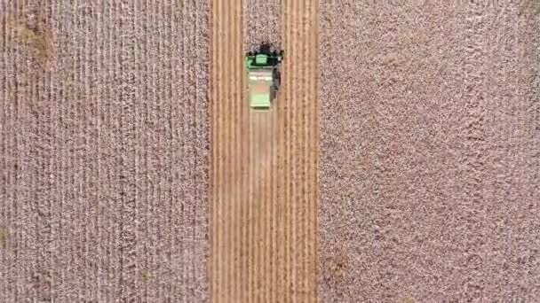 Aerial footage of a Large Cotton picker harvesting a field. — Stock Video