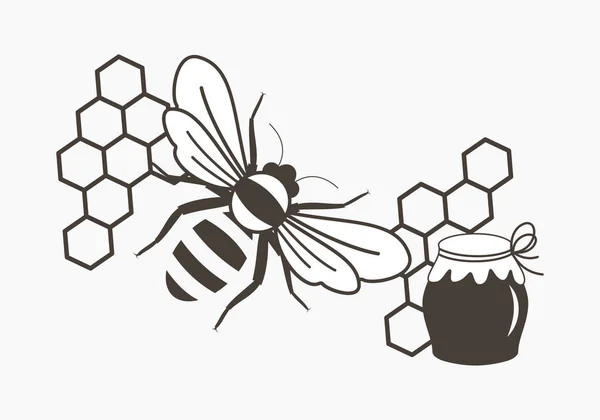Beyaz arkaplanda koyu kahverengi bal için arı, bal peteği ve sürahi ile vektör simgesi.