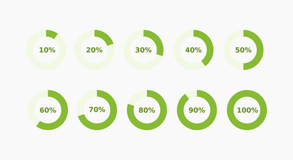 Set of green progress indicators circles on light background.