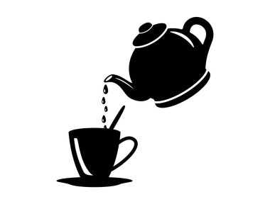 Çay ya da kahveyi siyah bardağa dökmek için bir çaydanlığın vektör simgesi.