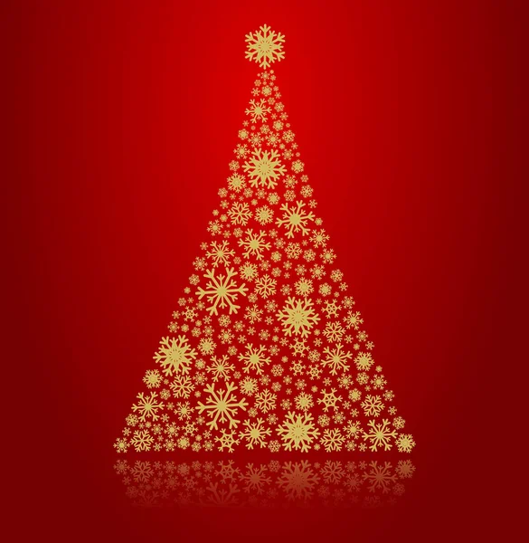 Kırmızı zemin üzerinde altın kar tanelerinden yapılmış Noel ağacı.