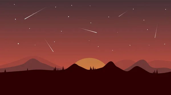 Kayan yıldızlarla dağlarda gün batımı.