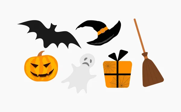 Set Vector Icons Illustrations Halloween Broom Bat Magician Hat Ghost — Stock Vector