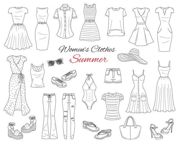Ženy oblečení kolekce. vektorové ilustrace skica. — Stockový vektor