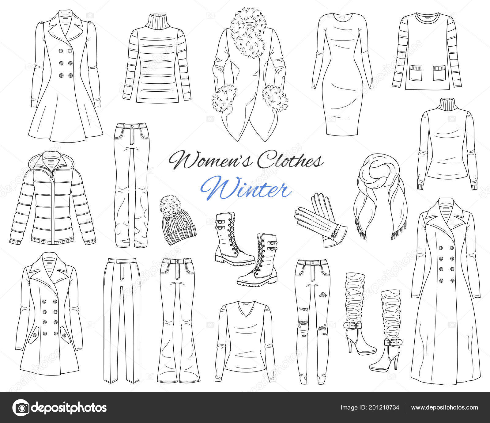 Vrouwen kleding Winter Vectorillustratie schets