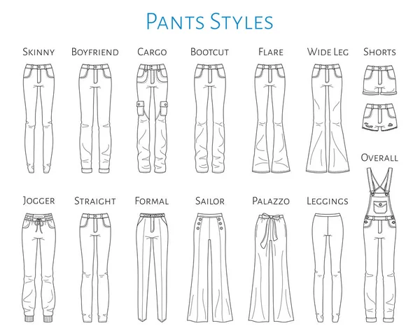 Kadınların pantolon koleksiyonu, vektör kroki çizim. — Stok Vektör