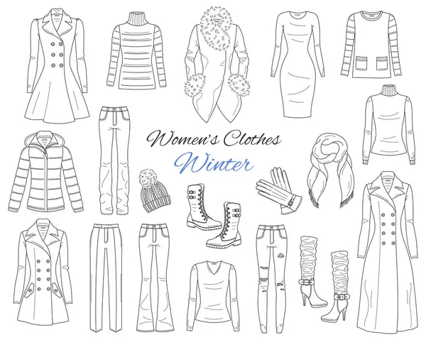 Women s clothes collection. Winter outfit. Vector sketch illustration. Royalty Free Stock Illustrations