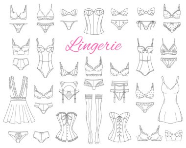 Fashionable female lingerie collection, vector sketch illustration. clipart