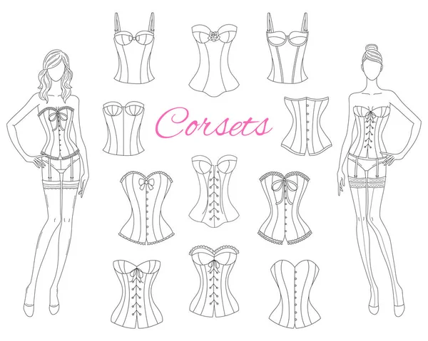 Corsets collection with beautiful fashion models, vector illustration. — Stock Vector