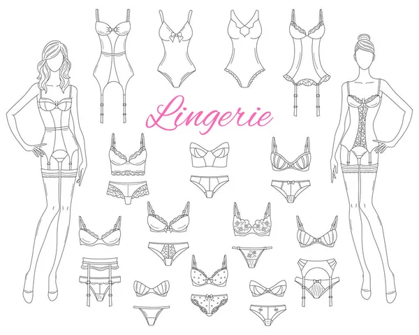 Vrouwelijke lingerie collectie met mooie fashion modellen, de schets van de vector illustratie. — Stockvector