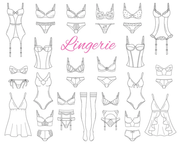 Coleção de lingerie feminina na moda, ilustração de esboço vetorial . —  Vetores de Stock