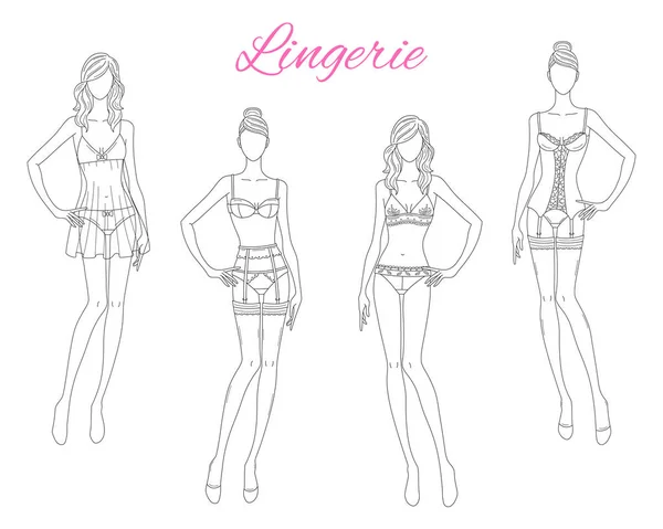 Beautiful fashion models in lace lingerie, vector illustration isolated on white background. — Stock Vector