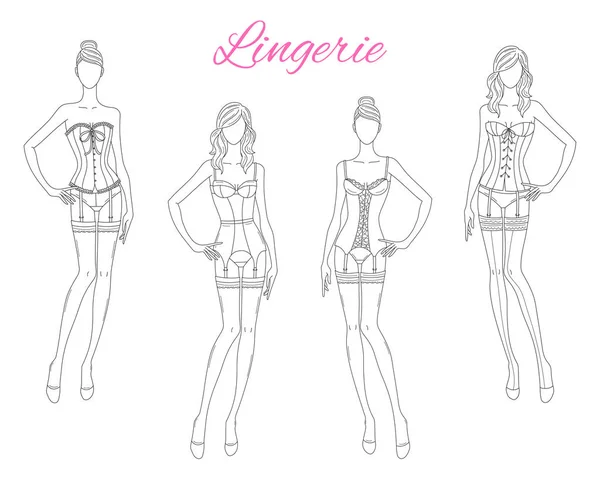 Beautiful fashion models in lace lingerie, vector illustration isolated on white background. — Stock Vector