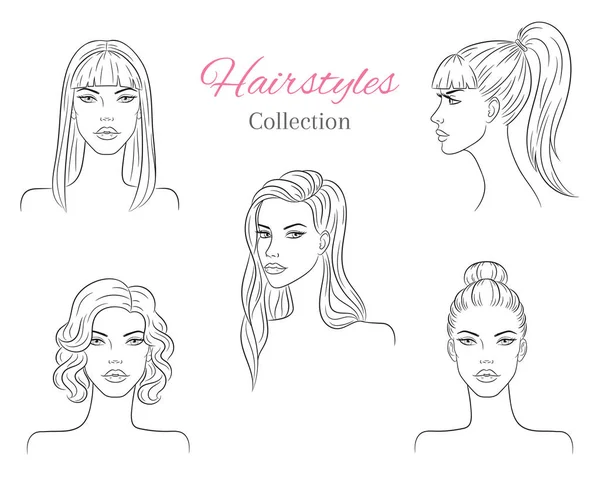 Hermosas mujeres jóvenes con peinados de moda. ilustración de boceto vectorial . — Vector de stock