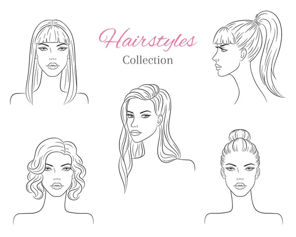 Mooie jonge vrouwen met mode trendy kapsels. vector schets illustratie. — Stockvector