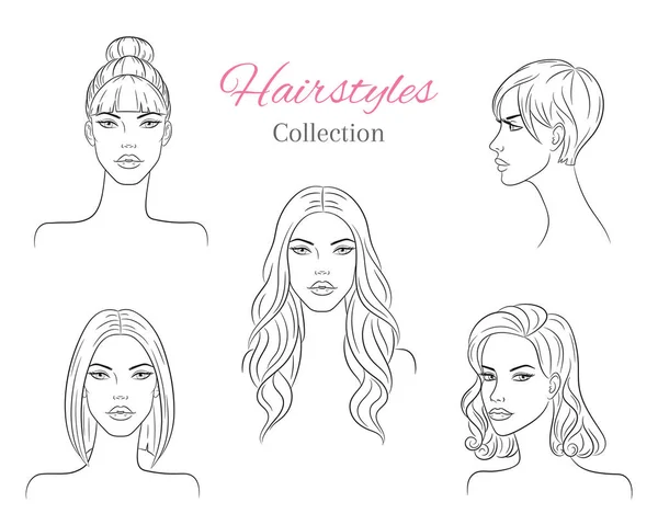 Hermosas mujeres jóvenes con peinados de moda. ilustración de boceto vectorial . — Vector de stock