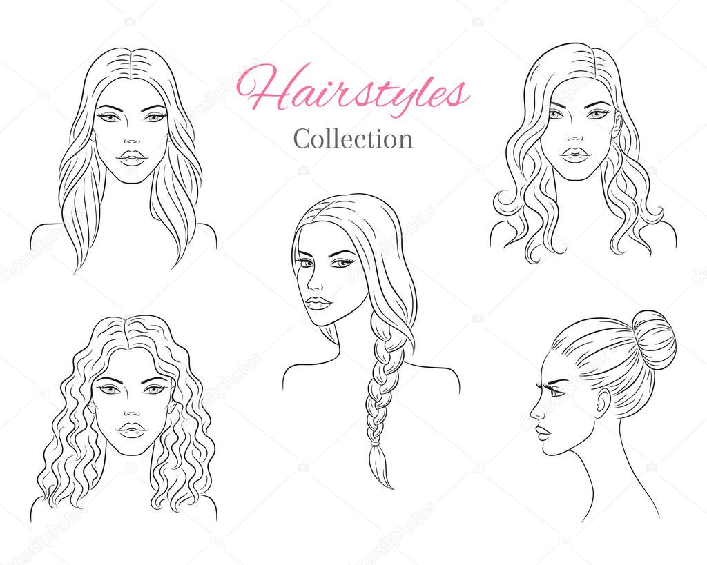 Beautiful young women with fashion trendy hairstyles. Fashion models with beautiful hair, vector sketch illustration.