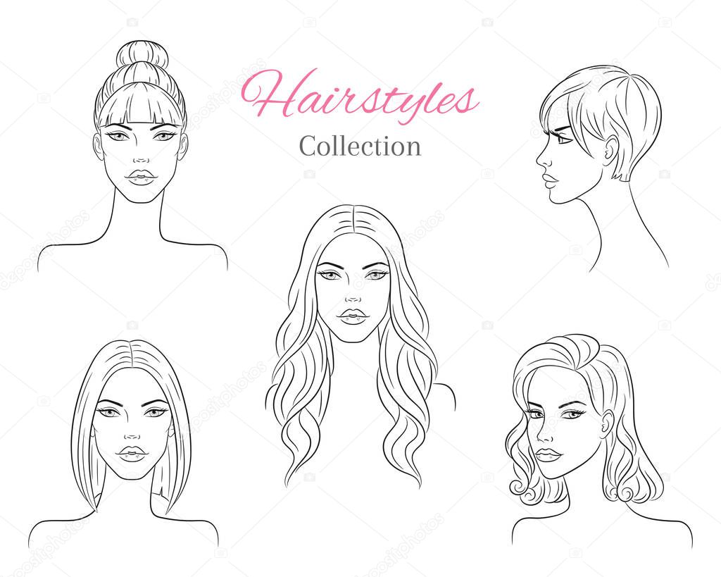 Beautiful young women with fashion trendy hairstyles. Fashion models with beautiful hair, vector sketch illustration.
