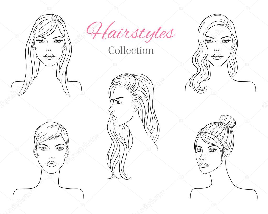 Beautiful young women with fashion trendy hairstyles. Fashion models with beautiful hair, vector sketch illustration.