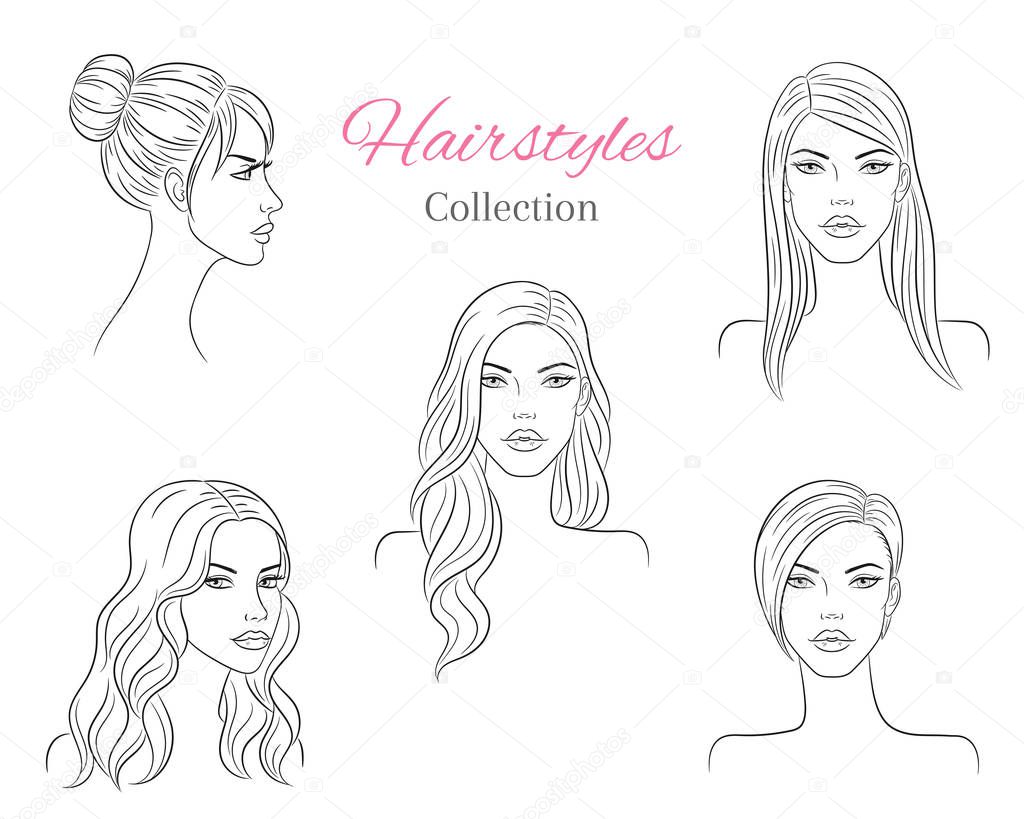Beautiful young women with fashion trendy hairstyles. Fashion models with beautiful hair, vector sketch illustration.