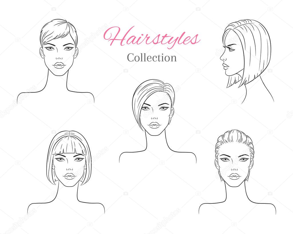 Beautiful young women with fashion trendy hairstyles. Fashion models with beautiful hair, vector sketch illustration.