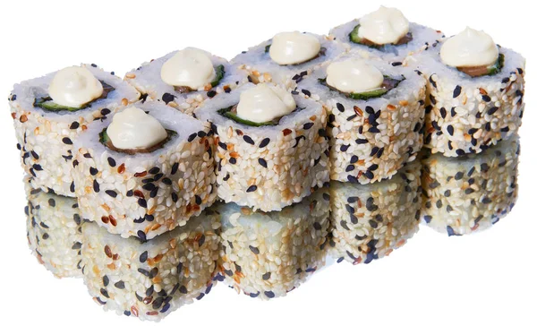 En uppsättning sushi med reflektion på vit bakgrund — Stockfoto