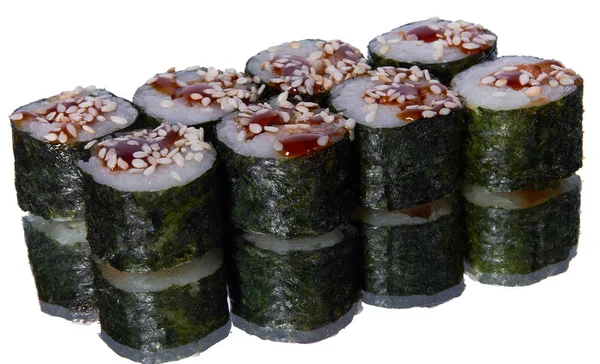 Uppsättning Sushi Med Reflektion Vit Bakgrund — Stockfoto