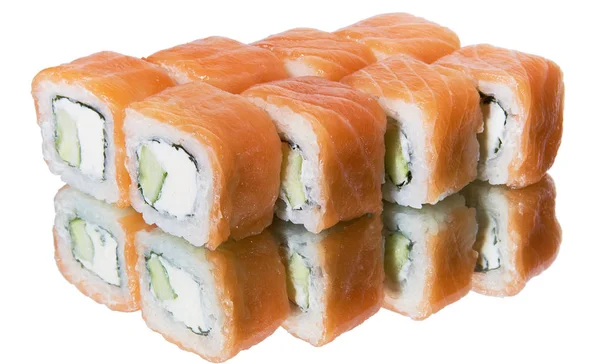 Uppsättning Sushi Med Reflektion Vit Bakgrund — Stockfoto